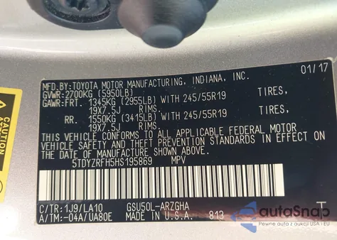 2017 Toyota Highlander Limited из США, поврежденный, VIN 5TDYZRFH5HS195869